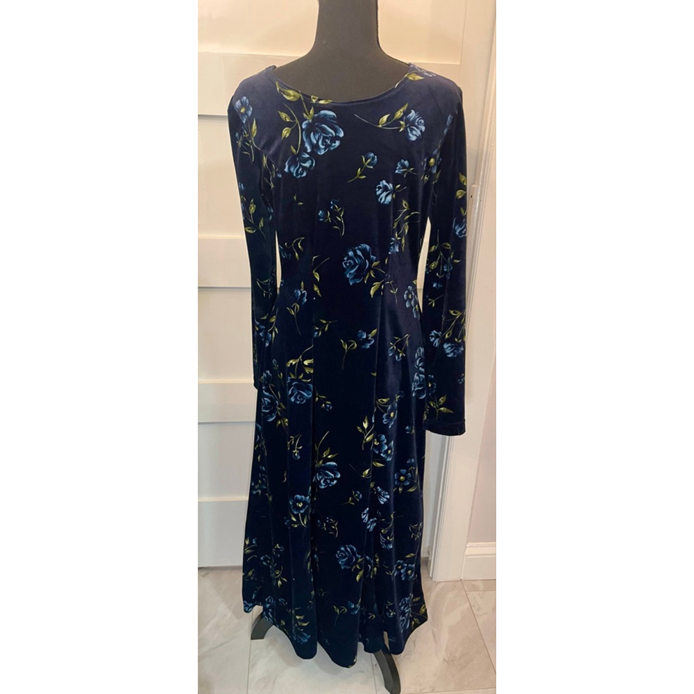 Vintage 90s Coldwater Creek Floral Velvet Maxi Dress Long Sleeve Navy Blue Small - Picture 5 of 5
